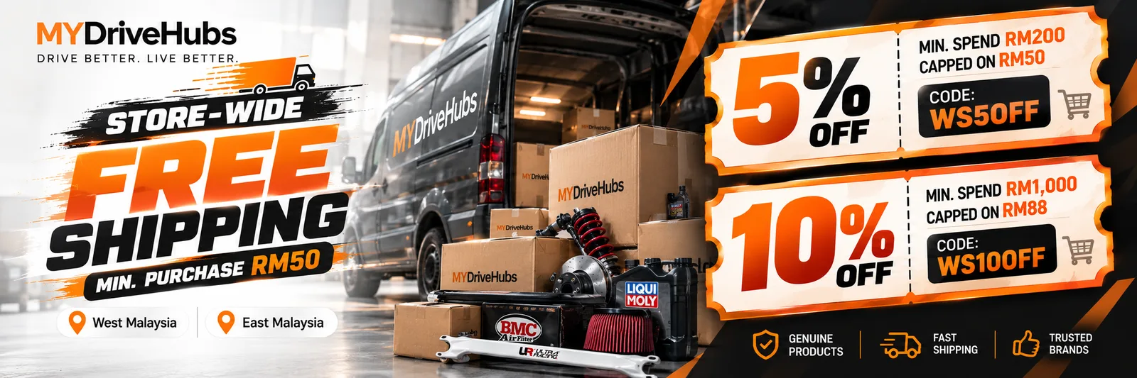MYDriveHubs store-wide free shipping, min. purchase RM50. 5% off with code WS50FF, 10% off with code WS100FF
